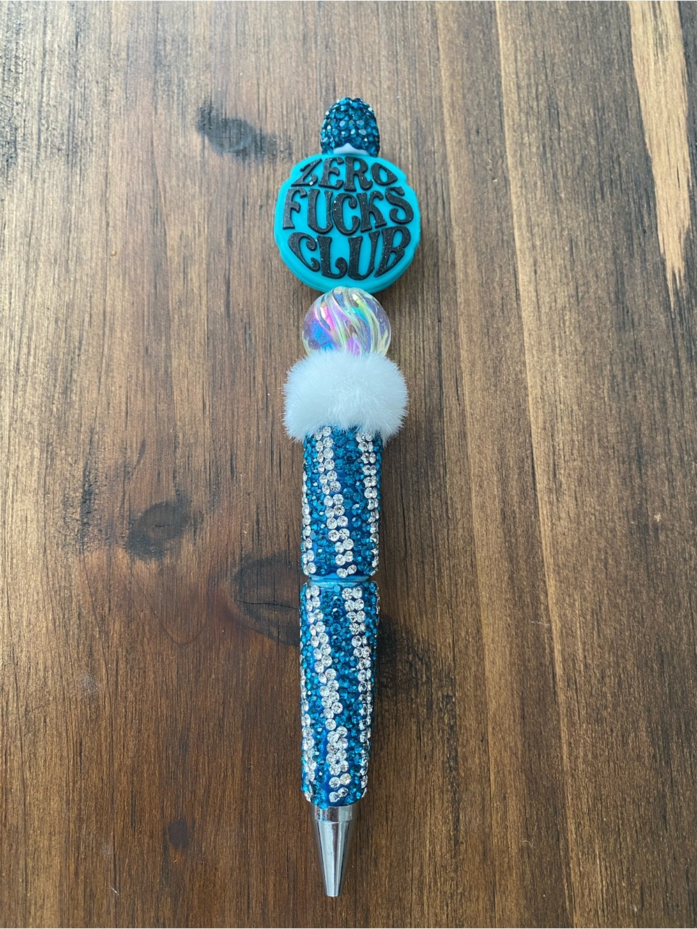 Turquoise Blue Rhinestone Pen Charm Accessory with 'Zero Fucks Club' Badge